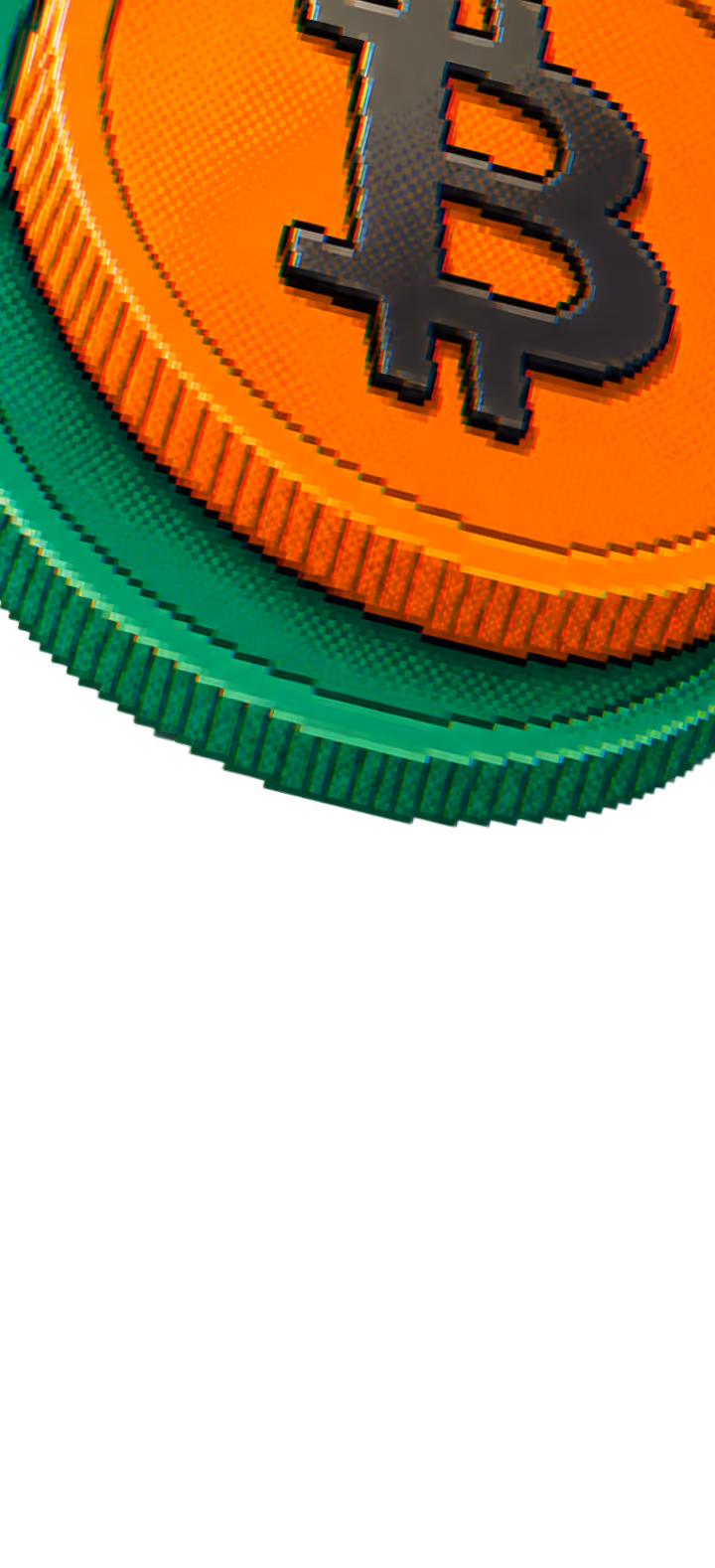 Pixelated orange Bitcoin coin stacked above a green coin on a black background.