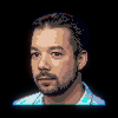 Pixel art portrait of a man with short hair and a beard on a dark background.