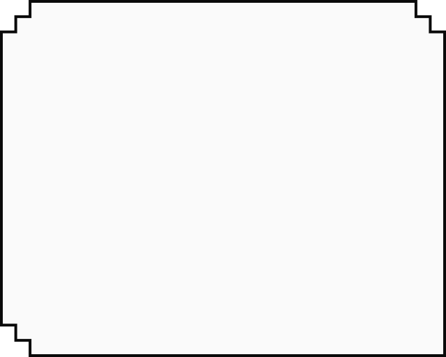 Black rectangular frame with decorative stepped corners on a white background.