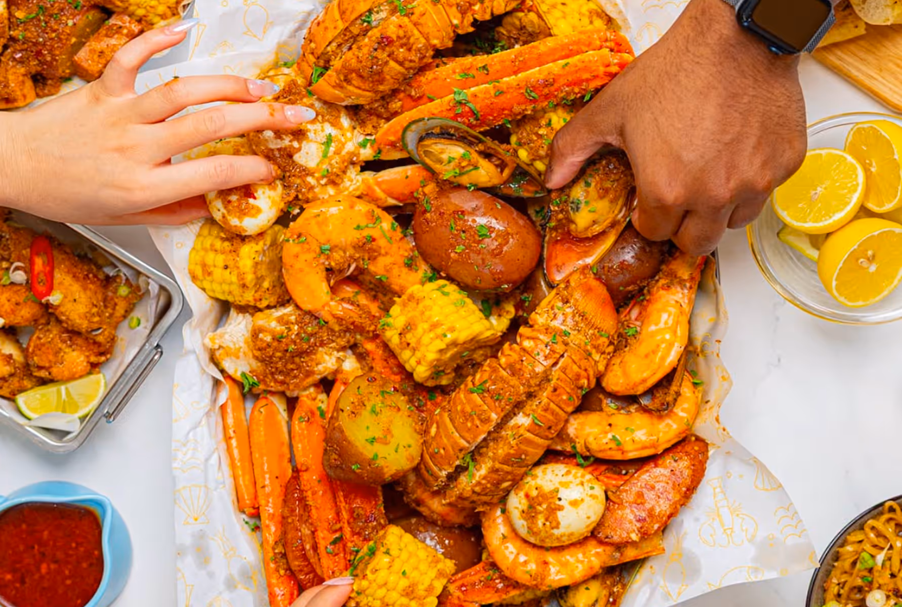 Seafood boil platter with lobster tails, crab legs, shrimp, corn, potatoes, sausage, lemon wedges, and dipping sauce.