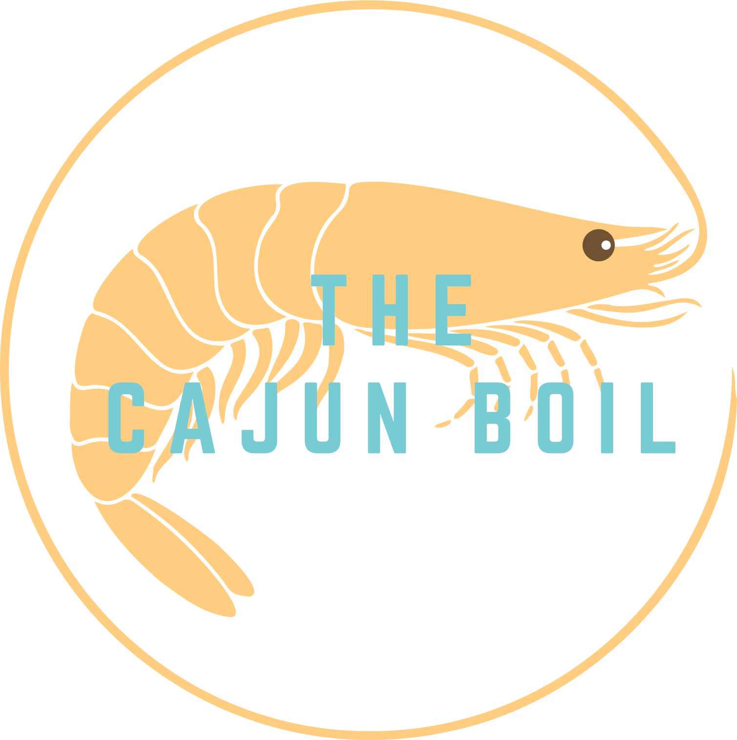 Logo with text 'THE CAJUN BOIL' surrounded by orange shrimp silhouettes in a circular pattern.