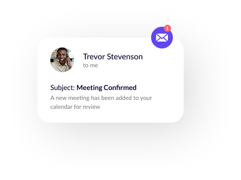 Email notification from Trevor Stevenson with subject 'Meeting Confirmed' indicating a new meeting added to calendar.