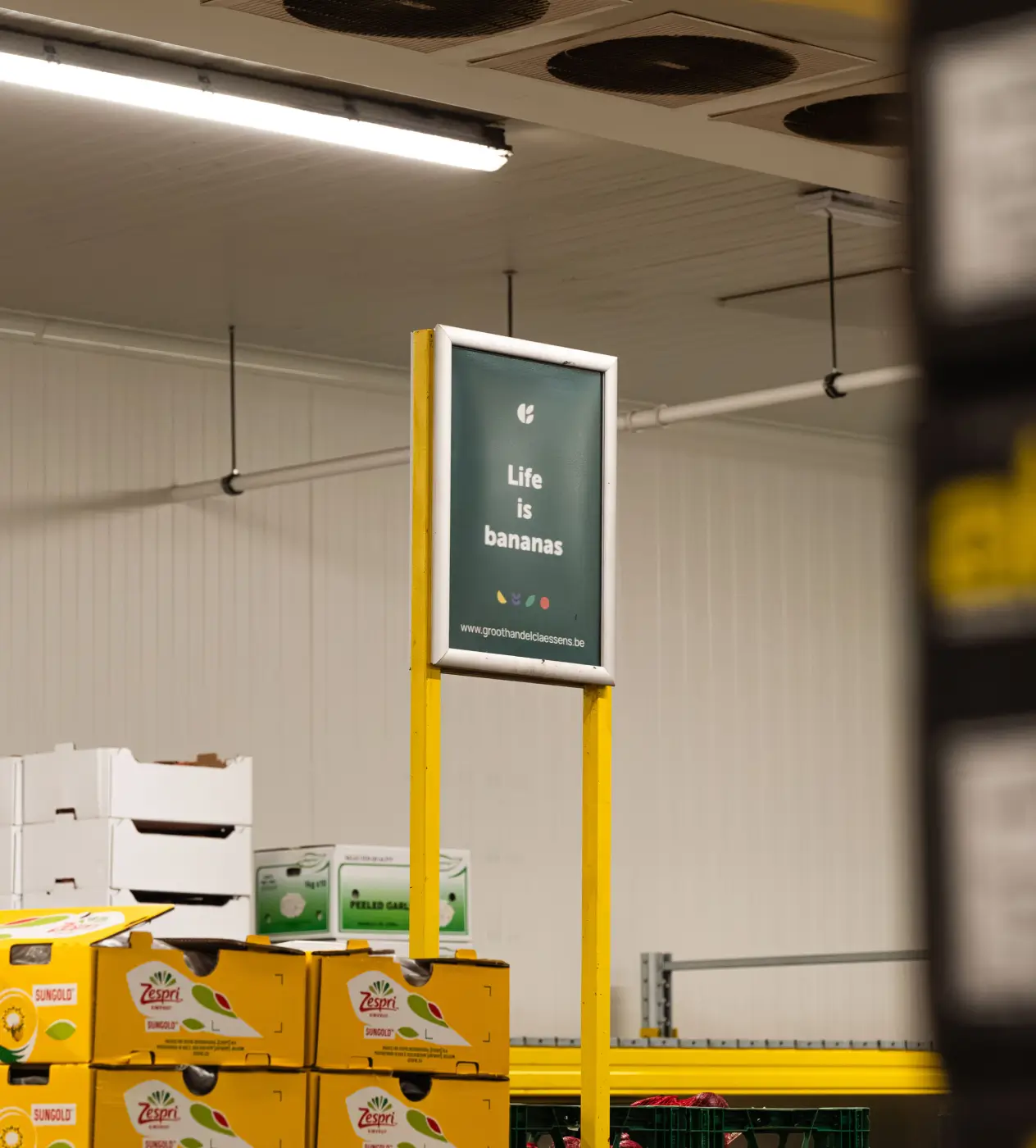 Reclamebord met tekst 'Life is bananas' boven gestapelde gele bananendozen in een magazijn.
