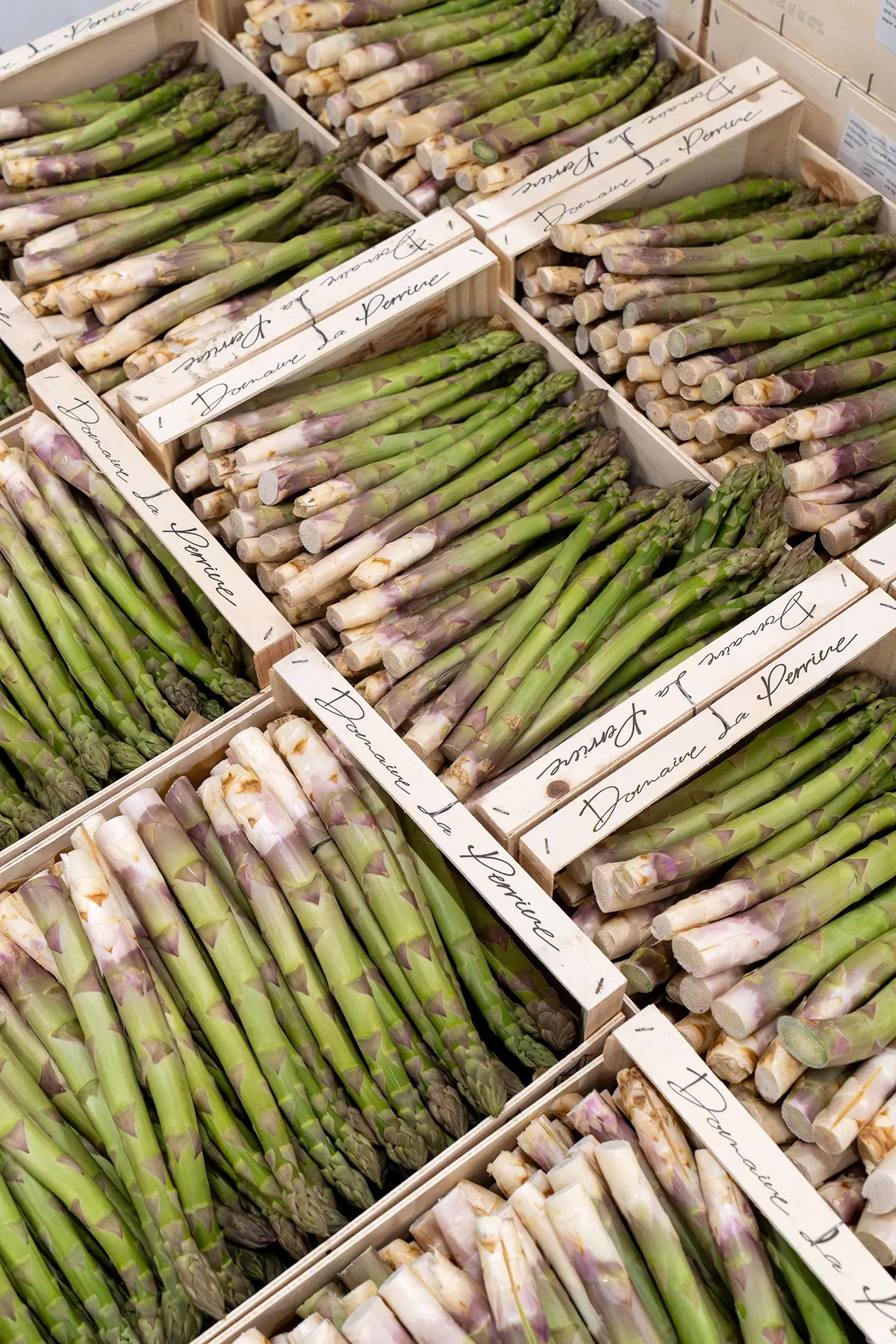 Kraten met verse groene asperges netjes gerangschikt, gelabeld Domaine La Perrière.