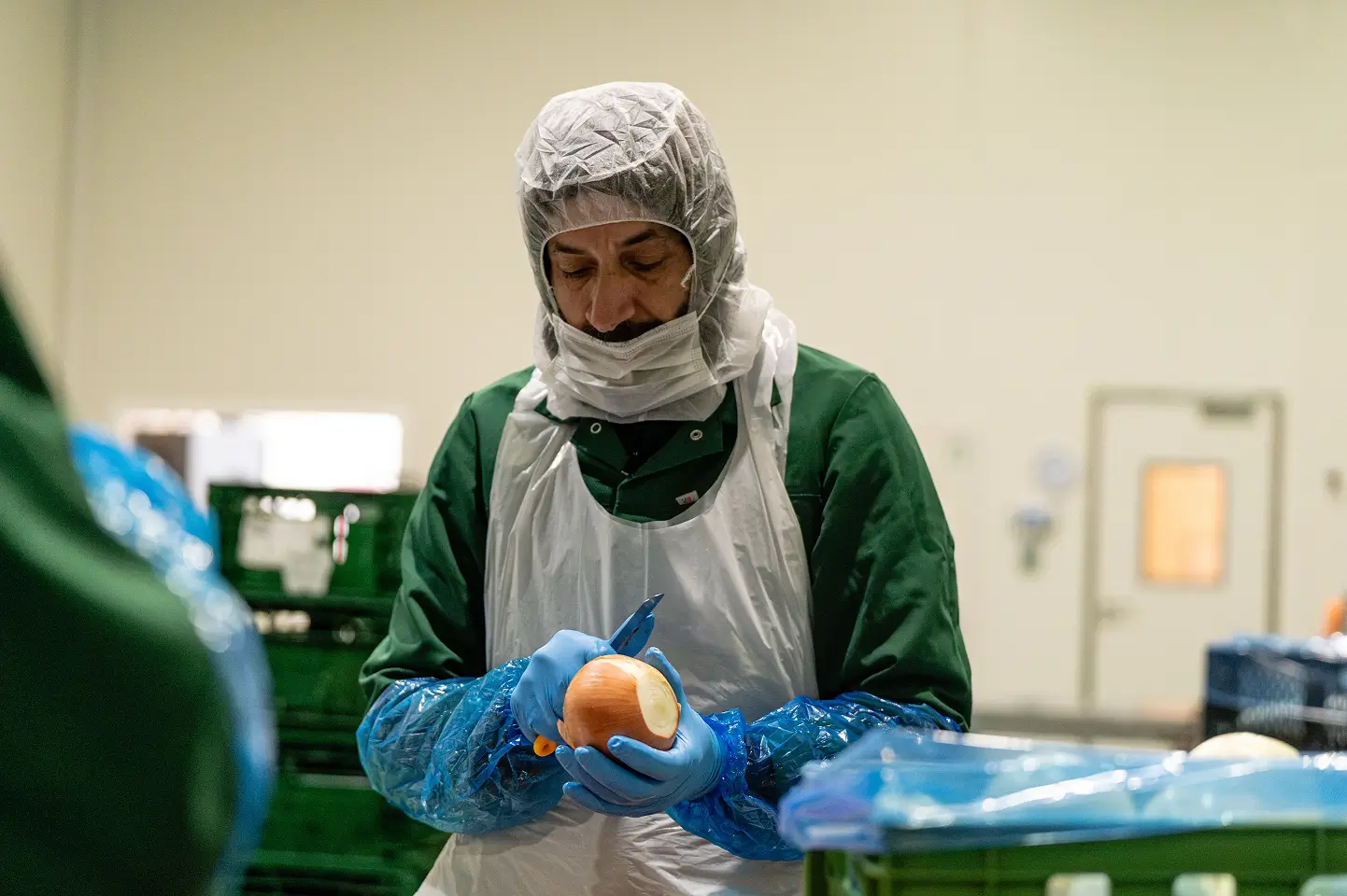 Een werknemer met beschermende kleding die een ui schilt in een voedselverwerkingsfaciliteit.