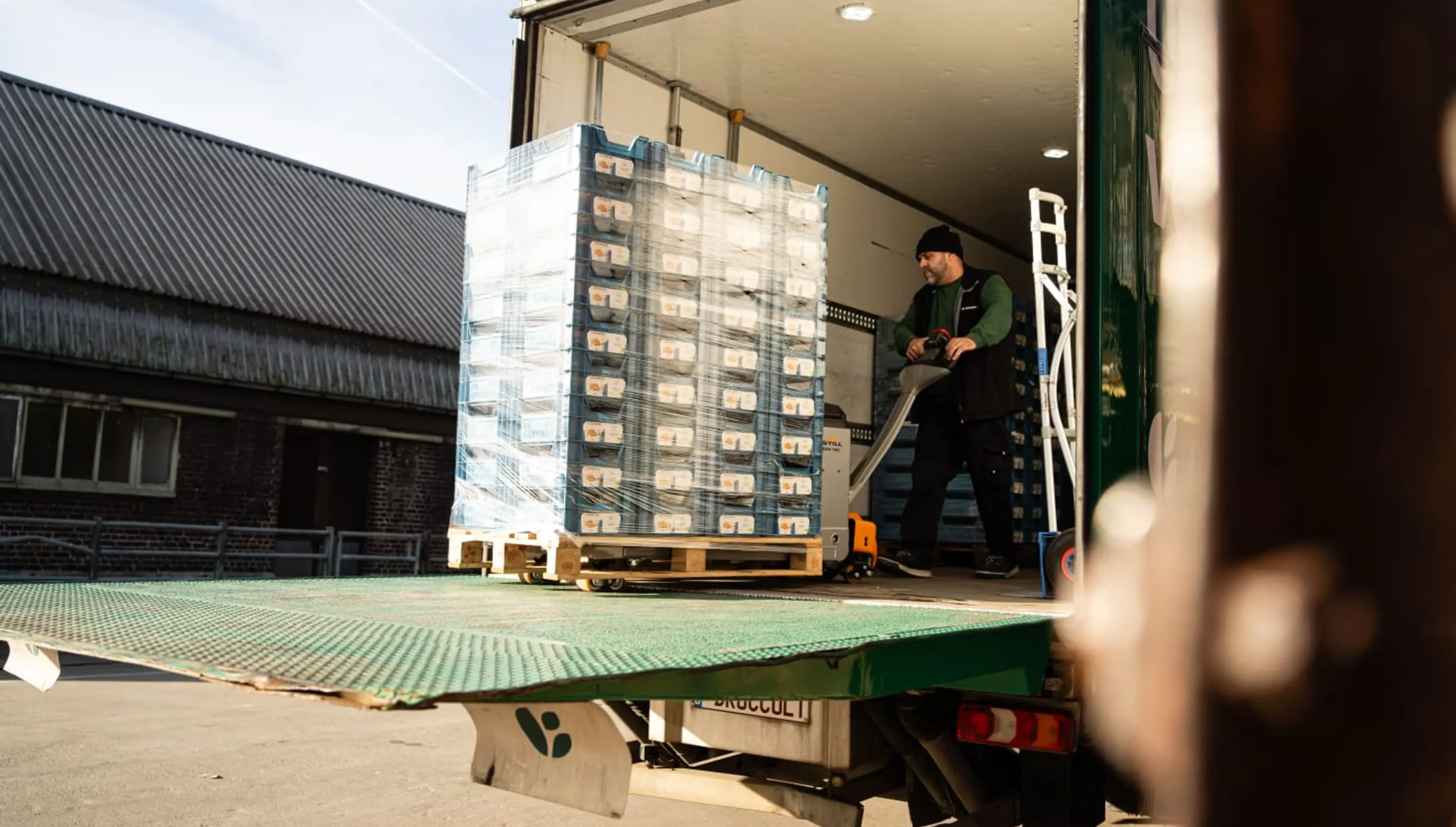 Man duwt pallet met ingepakte dozen op elektrische palletwagen uit vrachtwagen.