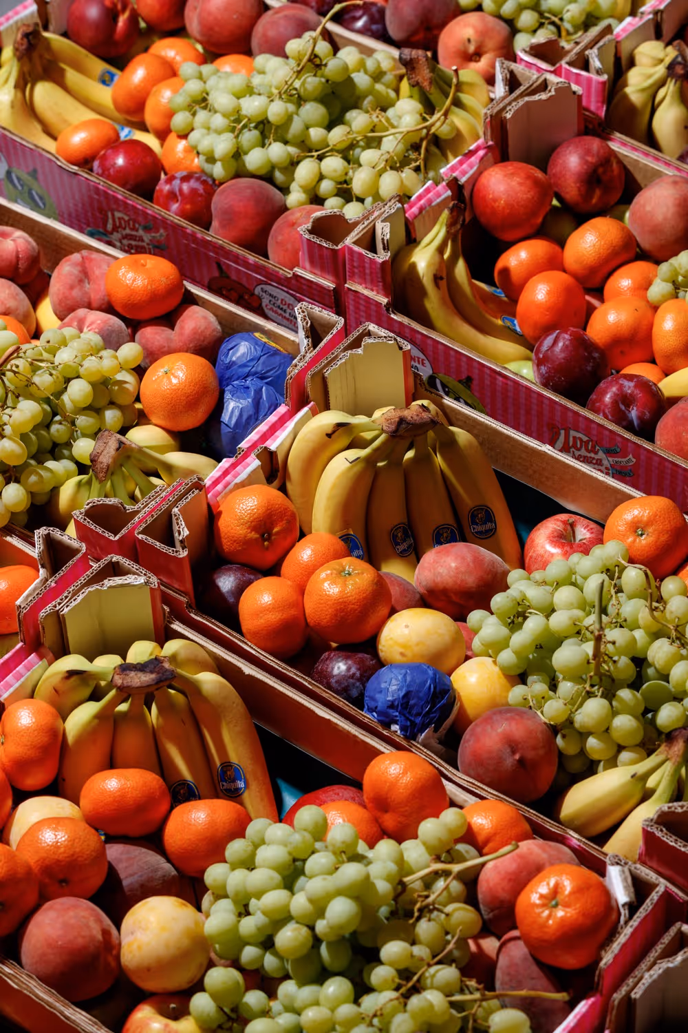 Kistjes met gemengd fruit: bananen, mandarijnen, groene druiven, perziken, pruimen en appels.