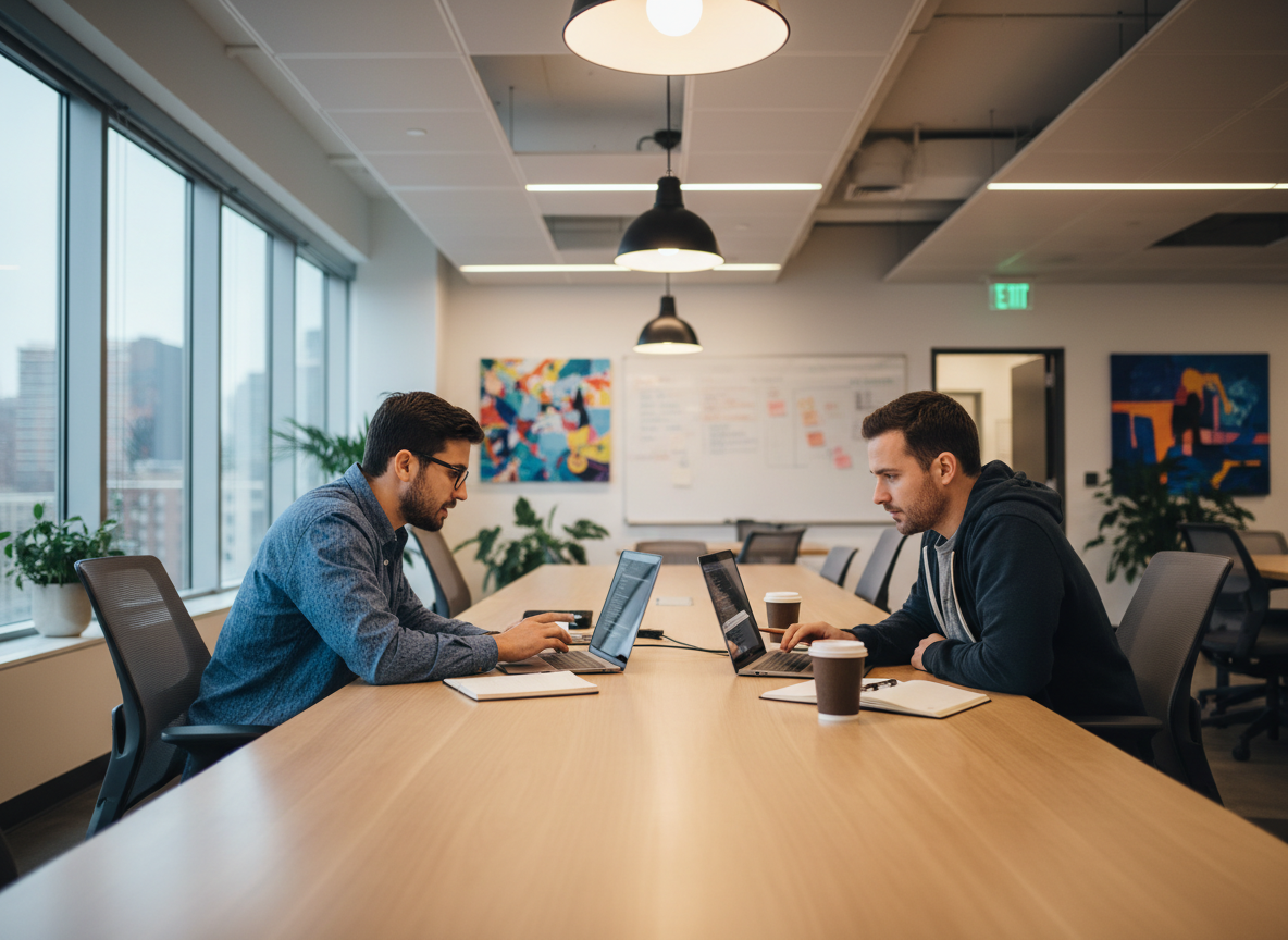 Two engineers collaborating at a workstation