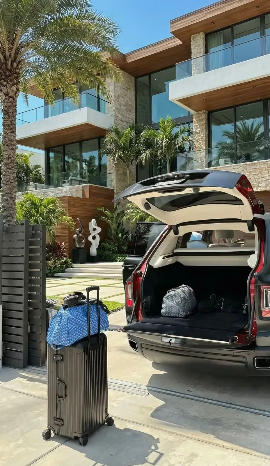 Valise et sac de voyage près du coffre ouvert d'un SUV de luxe, devant une villa moderne.