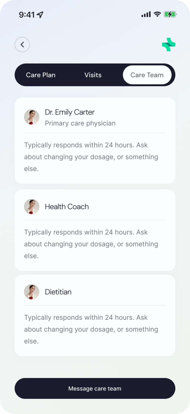 App screen showing care team members Dr. Emily Carter, Health Coach, and Dietitian, with 24-hour response note.
