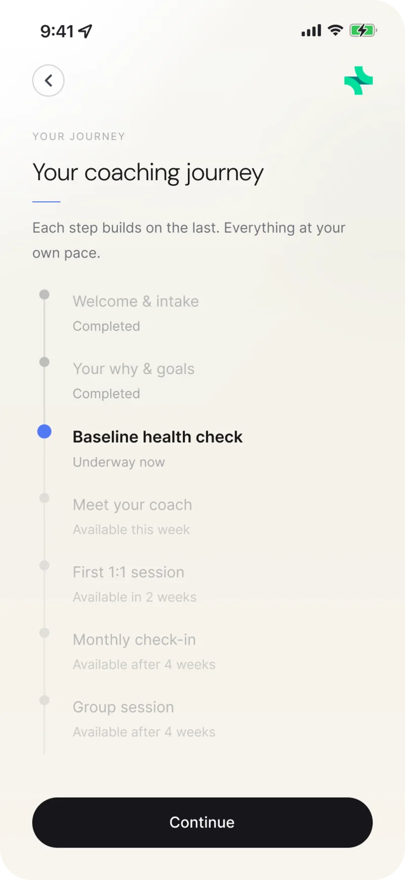 Mobile app screen showing a coaching journey with steps and 'Baseline health check' underway, and a Continue button.