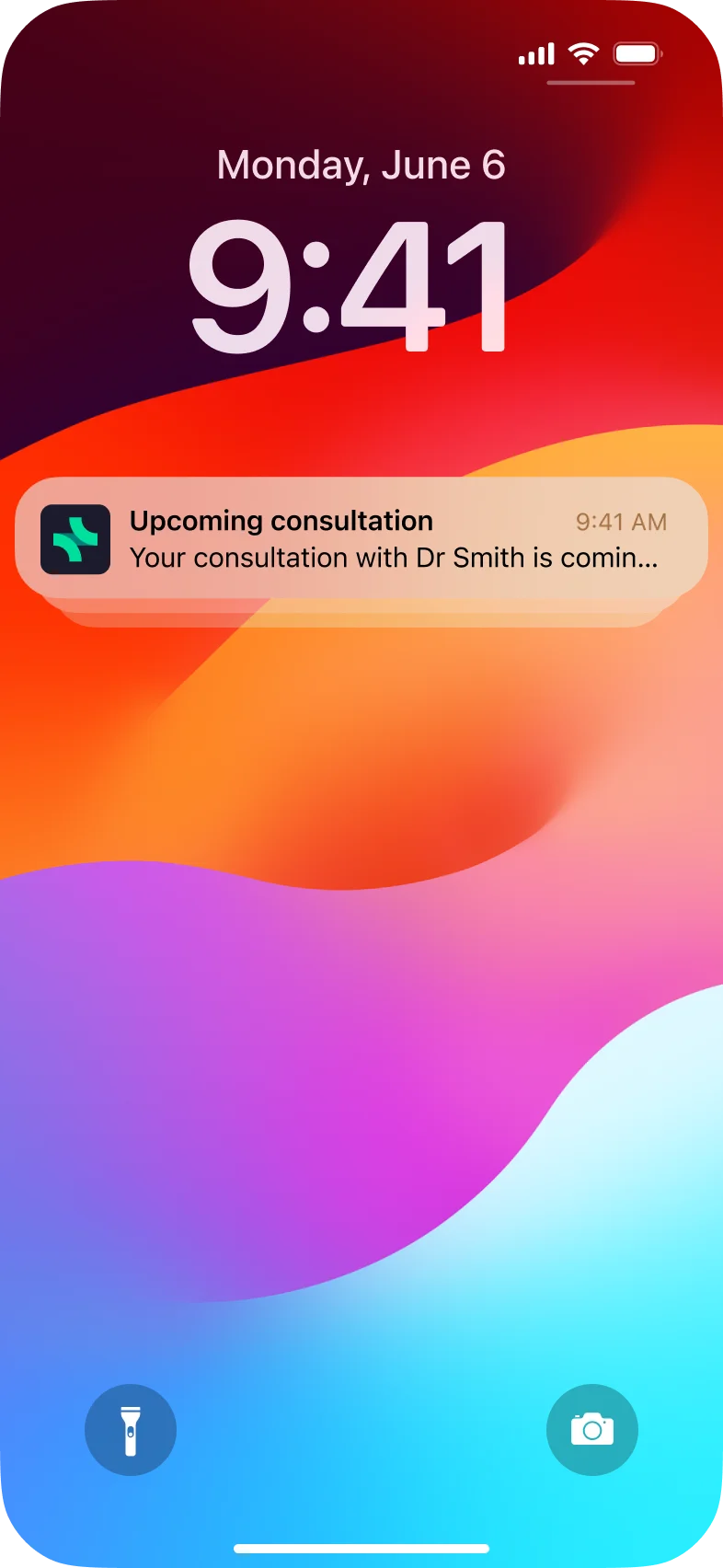 iPhone lock screen showing date, time, and a notification about an upcoming consultation with Dr Smith.