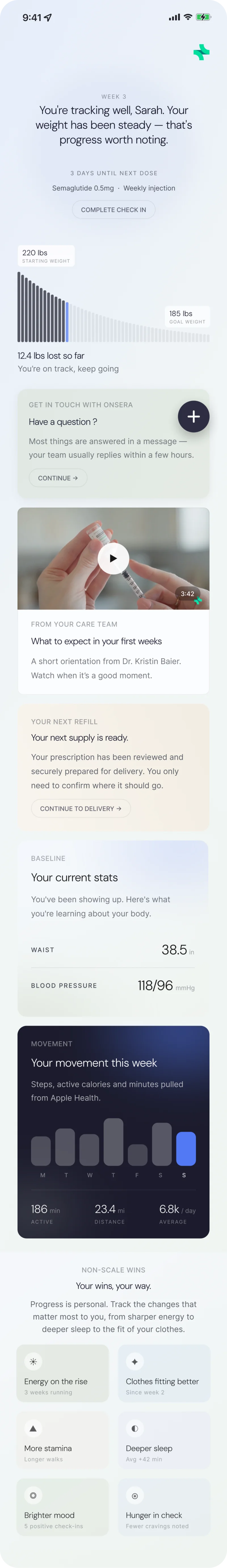 Weight tracking app showing progress, stats, movement, and personal wellness wins for Sarah.
