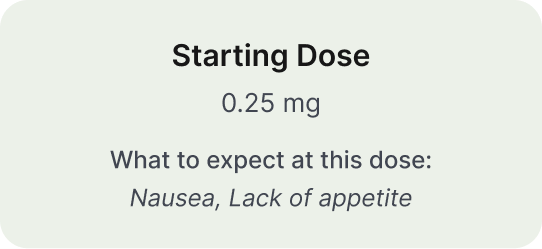 Starting dose 0.25 mg with expected effects: nausea and lack of appetite.