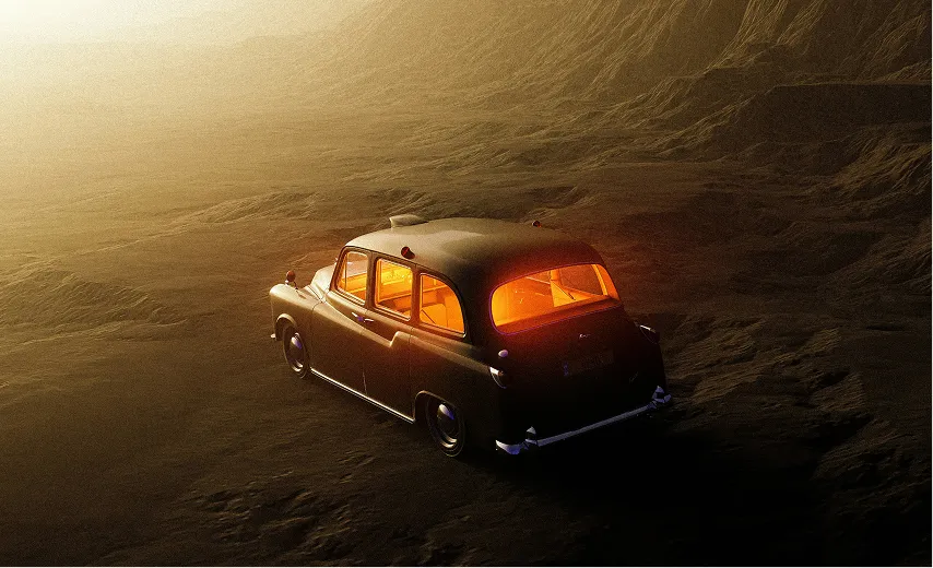 Classic black car with glowing orange interior lights parked on a dark textured surface.