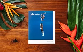 Magazine titled 'elevate' with diving images on blue cover, surrounded by tropical leaves and flowers on wood.