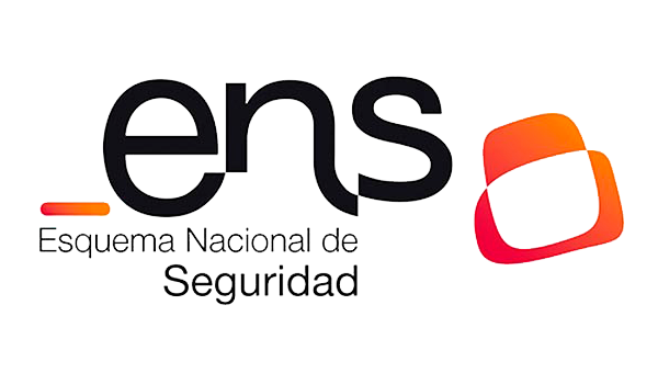 Logo del Esquema Nacional de Seguridad con las letras 'ens' y un símbolo cuadrado con bordes redondeados en degradado naranja y rojo.