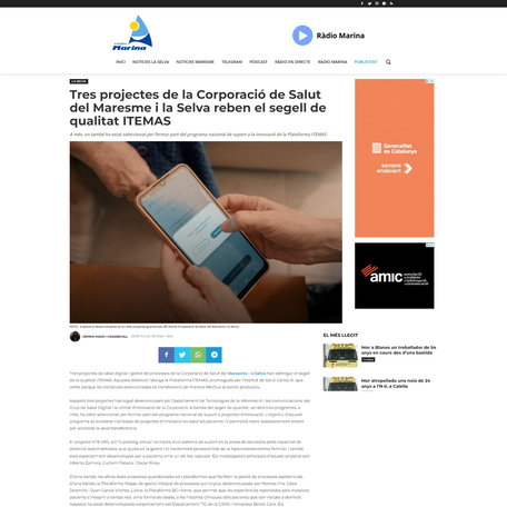 Tres projectes de la Corporació de Salut del Maresme i la Selva reben el segell de qualitat ITEMAS