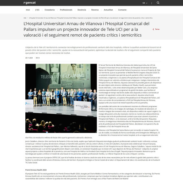 L'Hospital Universitari Arnau de Vilanova i l'Hospital Comarcal del Pallars impulsen un innovador projecte Tele UCI per a l'avaluació i seguiment remot de pacients crítics i semicrítics