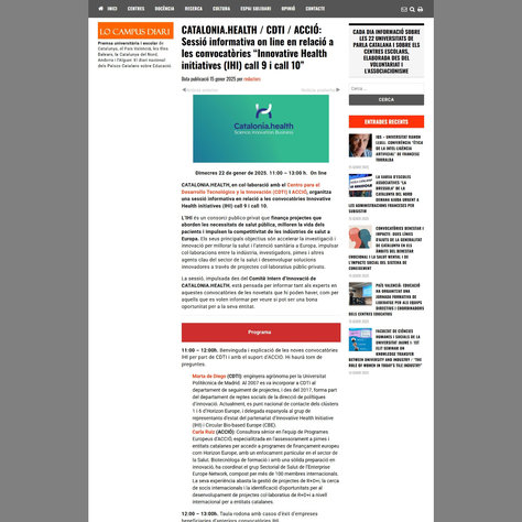 CATALONIA.HEALTH/CDTI/ACCIÓ: Sessió informativa online en relació a les convocatòries “Iniciatives Innovadores de Salut (IHI) convocatòria 9 i convocatòria 10”