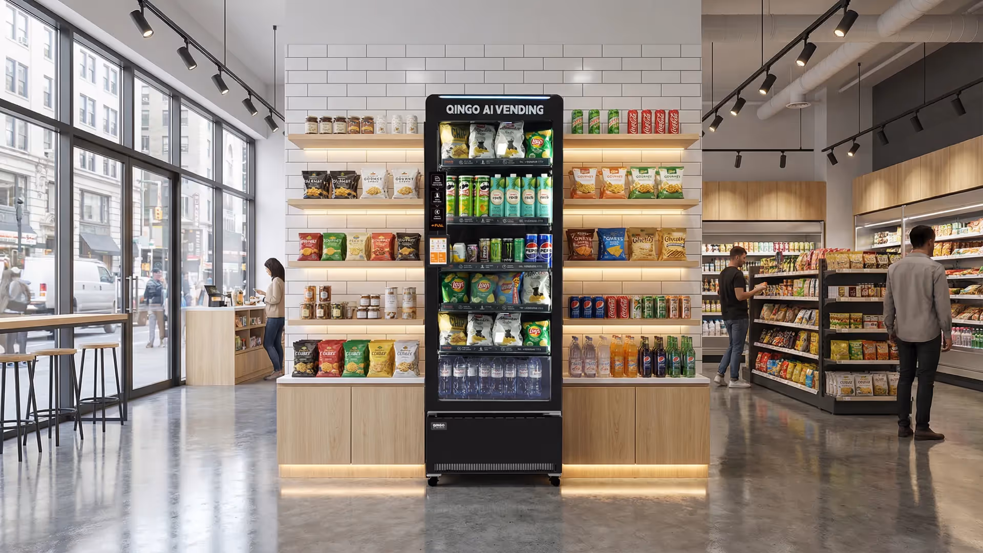 QinGo King 509 vending machine sitting in an open are filled with and surrounded by snacks on shelves, neatly organized. 