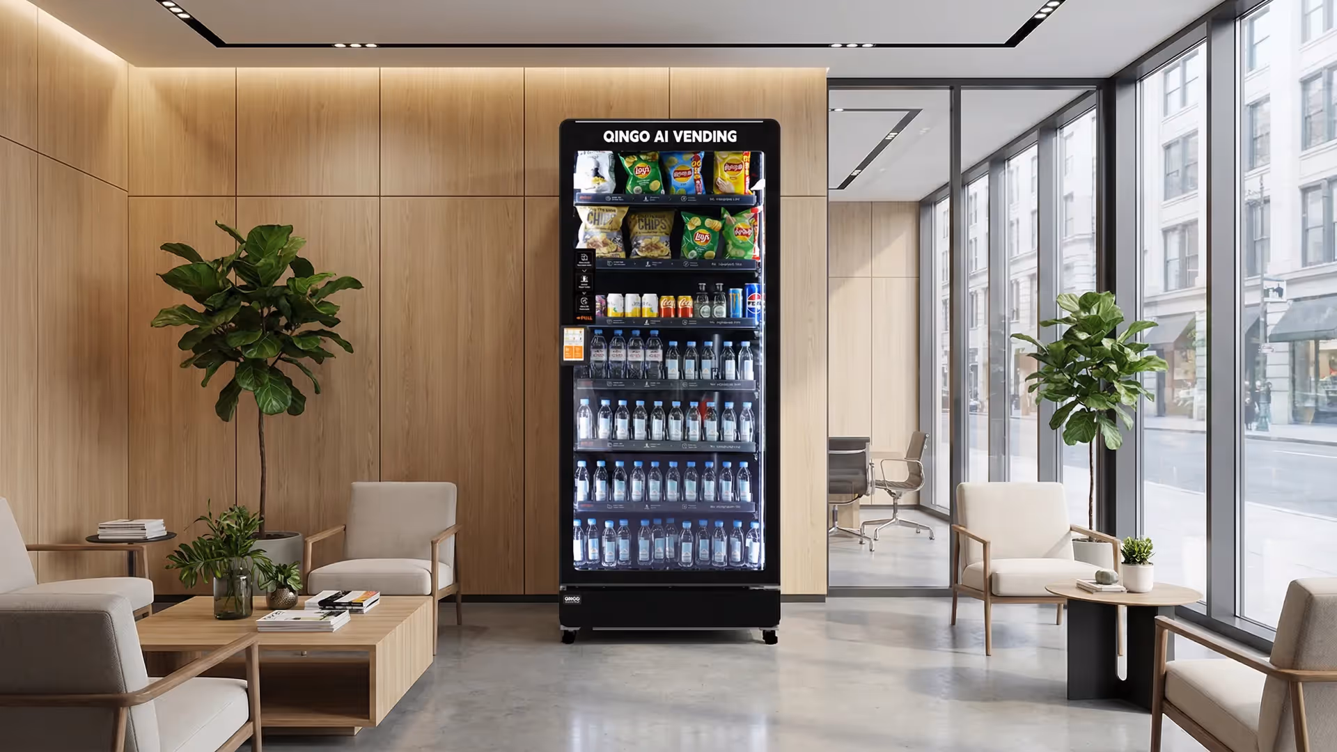 QinGo Ace 779 smart cooler in an open office, filled neatly with products