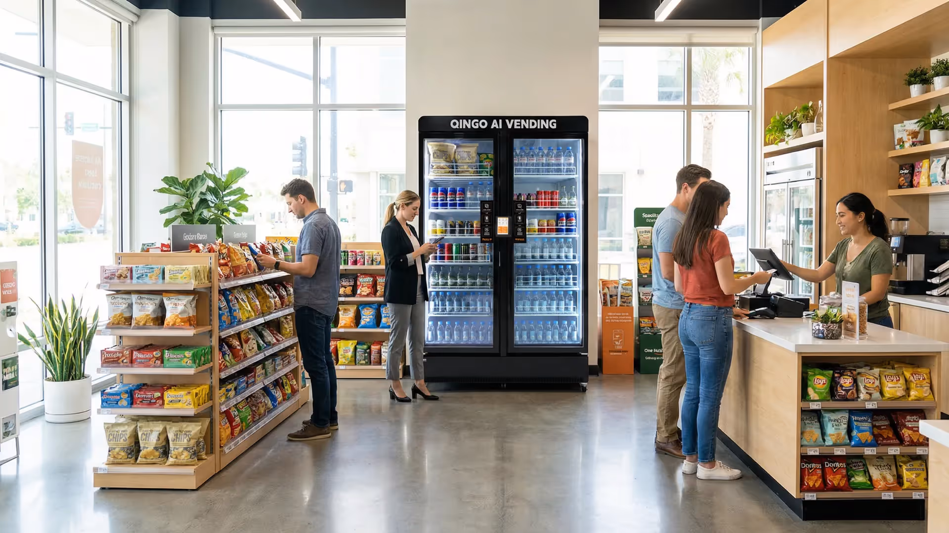 A QinGo Pair 1208 Smart Cooler Vending machine in an open office marketplace area, neatly stocked with products on shelves.