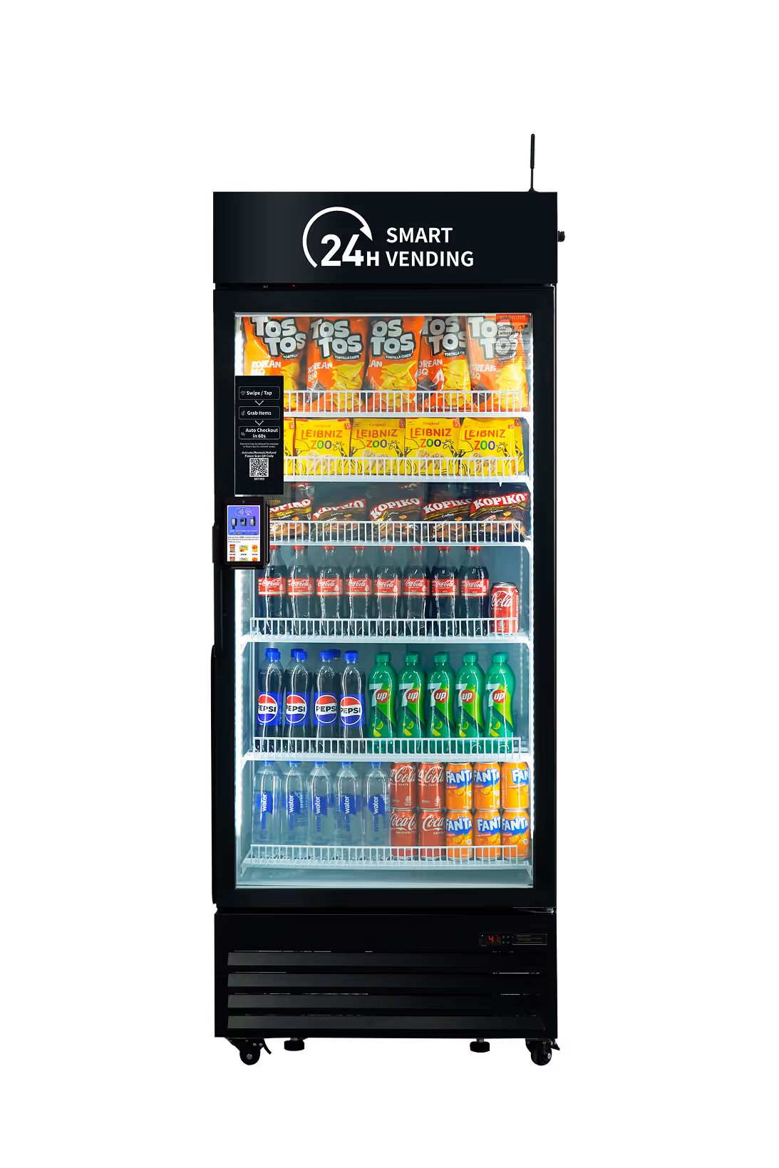 Front view of a black 24H Smart Vending cooler stocked with snacks, bottled drinks, and canned beverages, with card reader and QR code checkout.