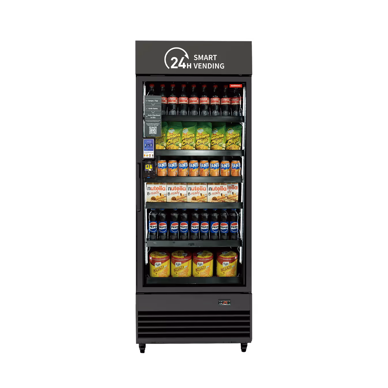 Front view of a gray 24H Smart Vending machine with black interior shelving, stocked with drinks and snacks, featuring a glass door, card reader, QR code, and self-checkout access.