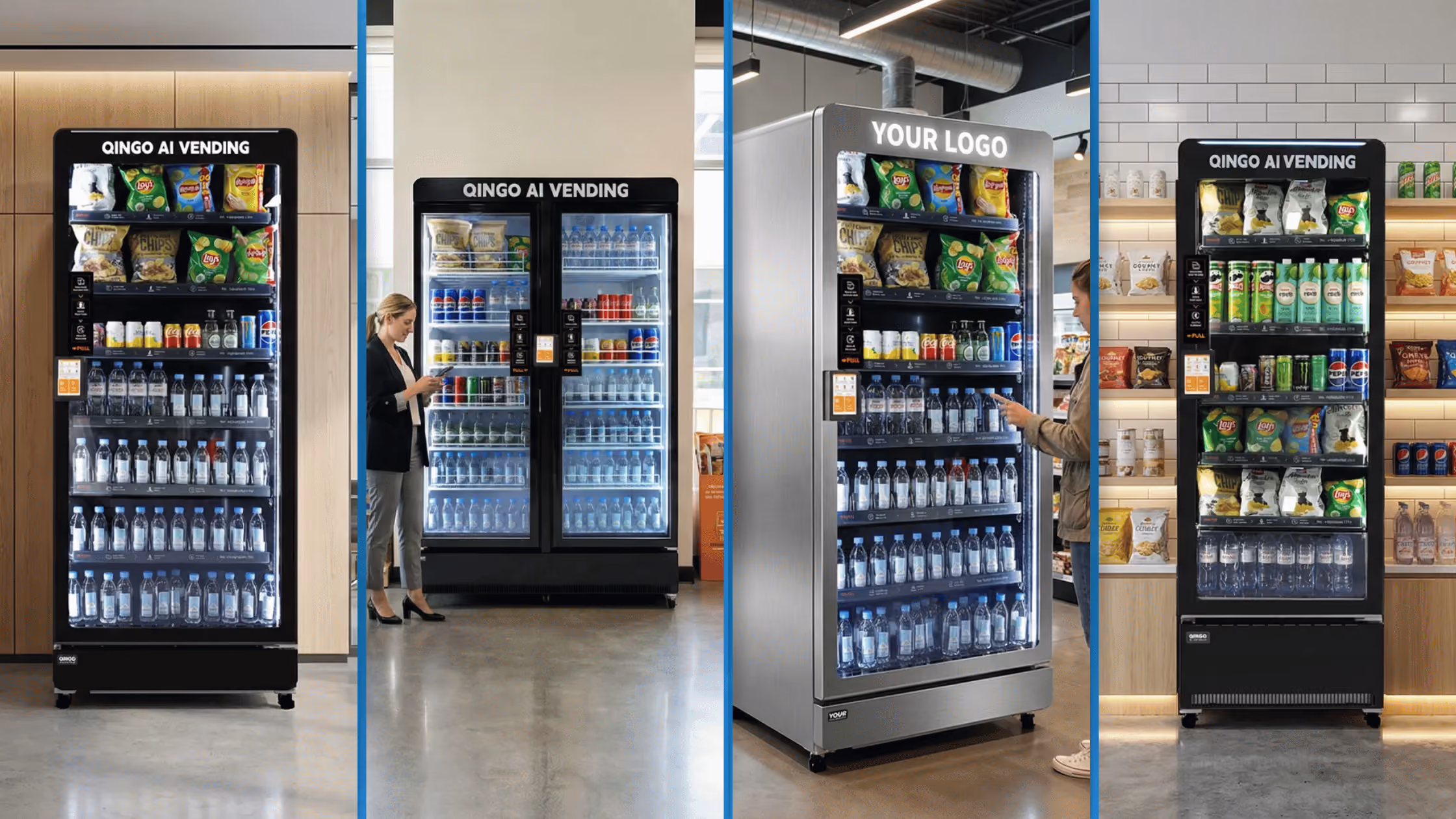 Four modern AI vending machine setups stocked with snacks and drinks in retail and office environments.