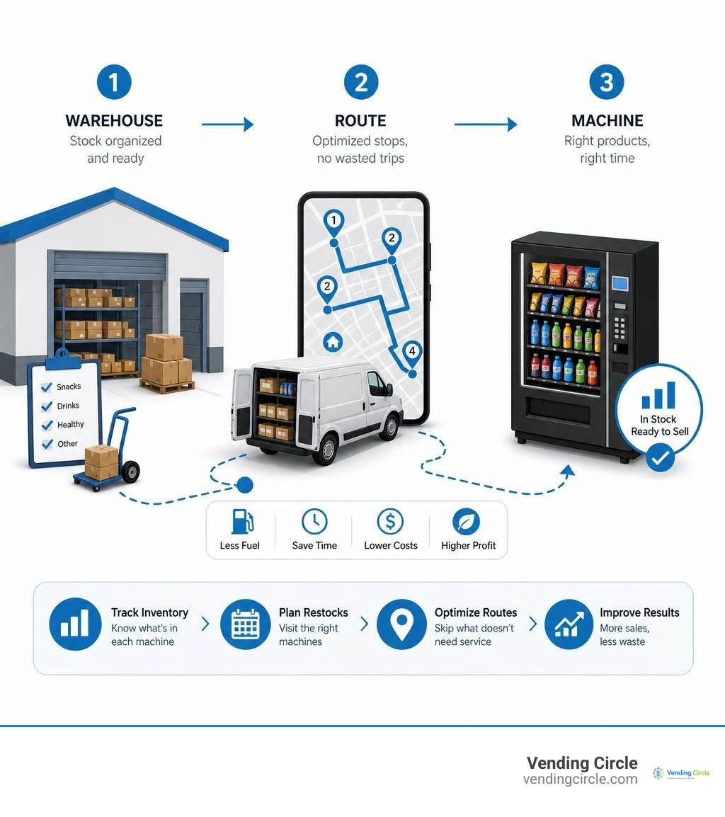 Vending machine inventory management flow from warehouse to route to machine infographic Vending machine inventory management flow from warehouse to route to machine infographic