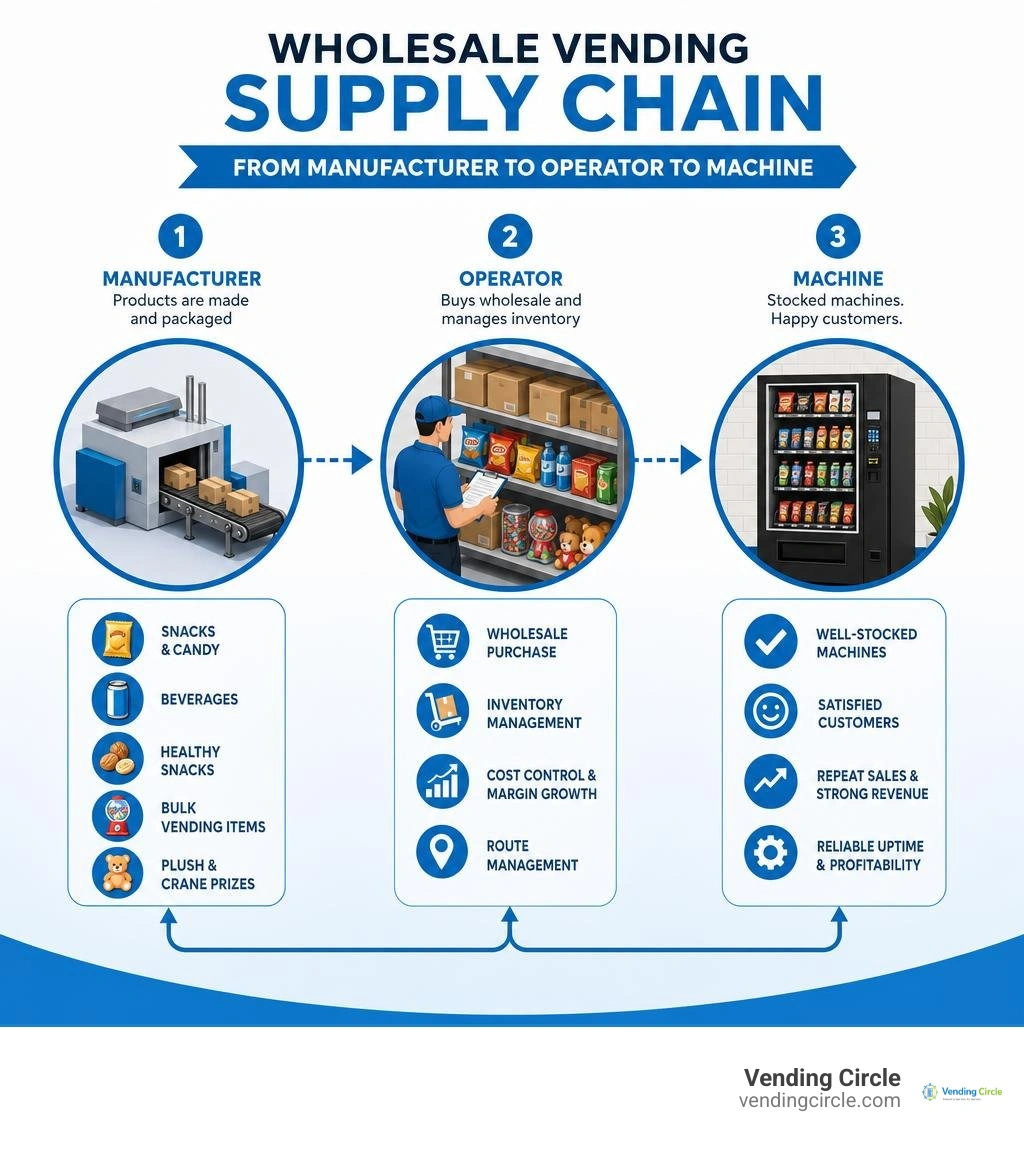 Wholesale vending supply chain from manufacturer to operator to machine infographic Wholesale vending supply chain from manufacturer to operator to machine infographic