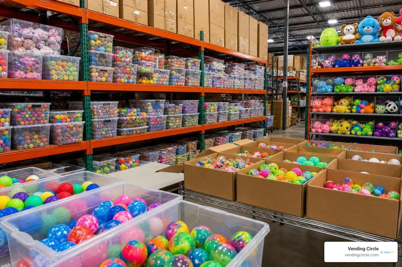 Bulk vending toys and plush prizes displayed in a colorful warehouse setting Bulk vending toys and plush prizes displayed in a colorful warehouse setting