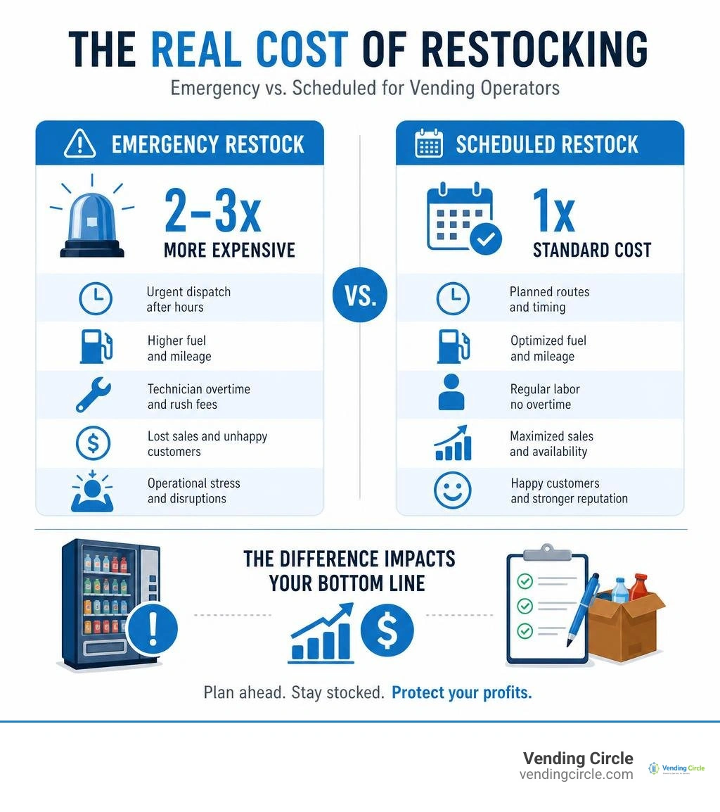 cost of emergency restocking vs scheduled restocking for vending operators infographic cost of emergency restocking vs scheduled restocking for vending operators infographic