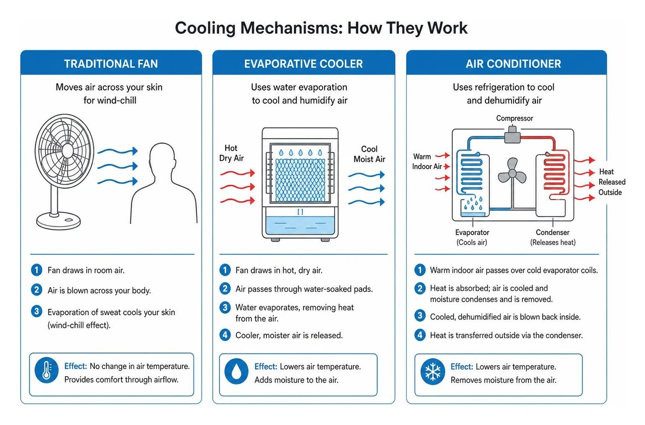 A detailed comparison diagram showing the cooling mechanisms of traditional fans, evaporative coolers, and air conditioners A detailed comparison diagram showing the cooling mechanisms of traditional fans, evaporative coolers, and air conditioners