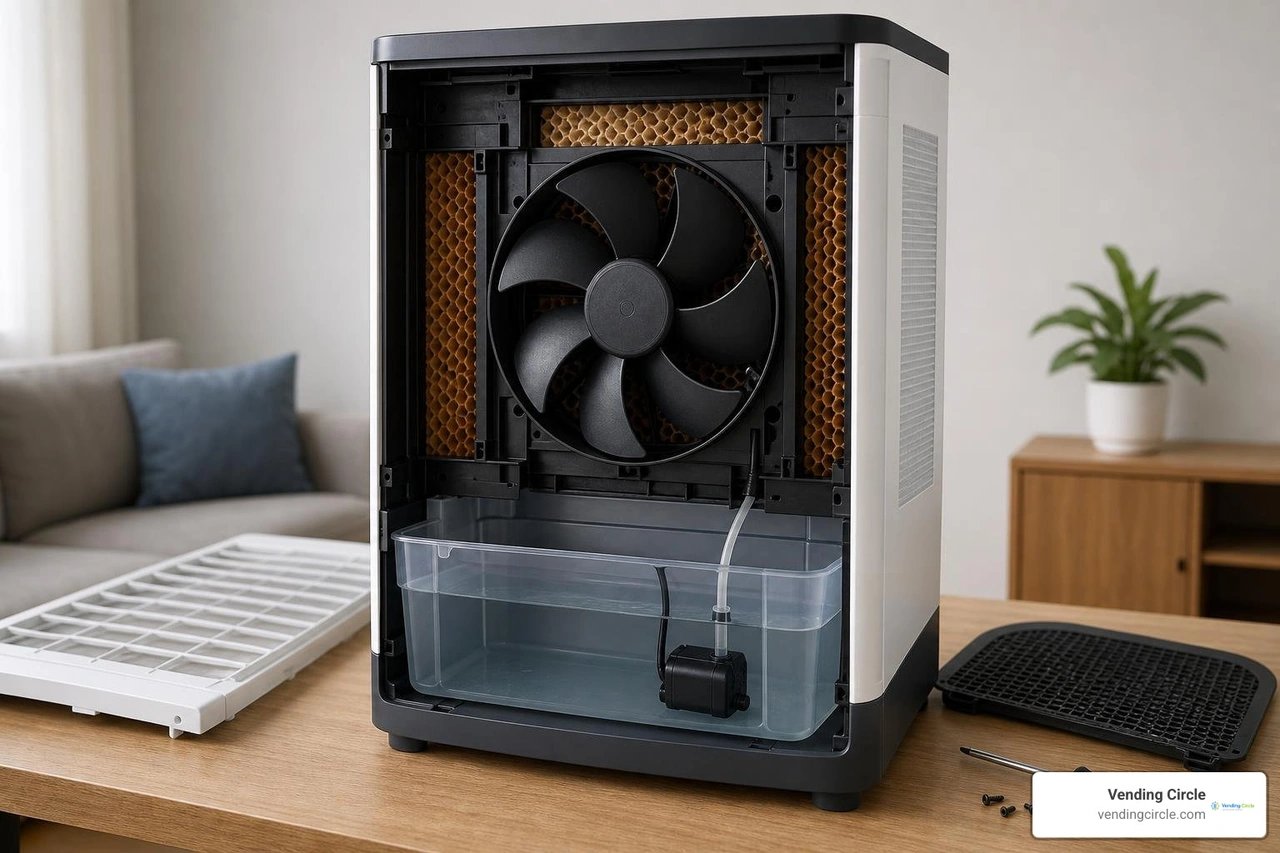 Internal components of a smart air cooler showing the water tank, pump, and honeycomb cooling pads Internal components of a smart air cooler showing the water tank, pump, and honeycomb cooling pads