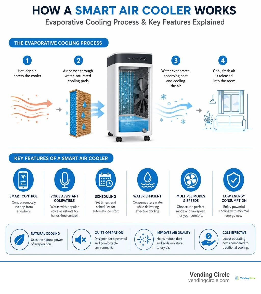 How a smart air cooler works: evaporative cooling process and key features explained infographic How a smart air cooler works: evaporative cooling process and key features explained infographic