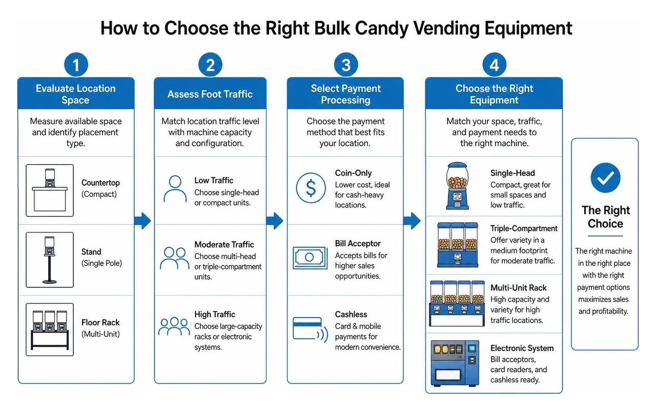 Diagram illustrating the process of selecting the right bulk vending equipment based on location space, foot traffic, and Diagram illustrating the process of selecting the right bulk vending equipment based on location space, foot traffic, and