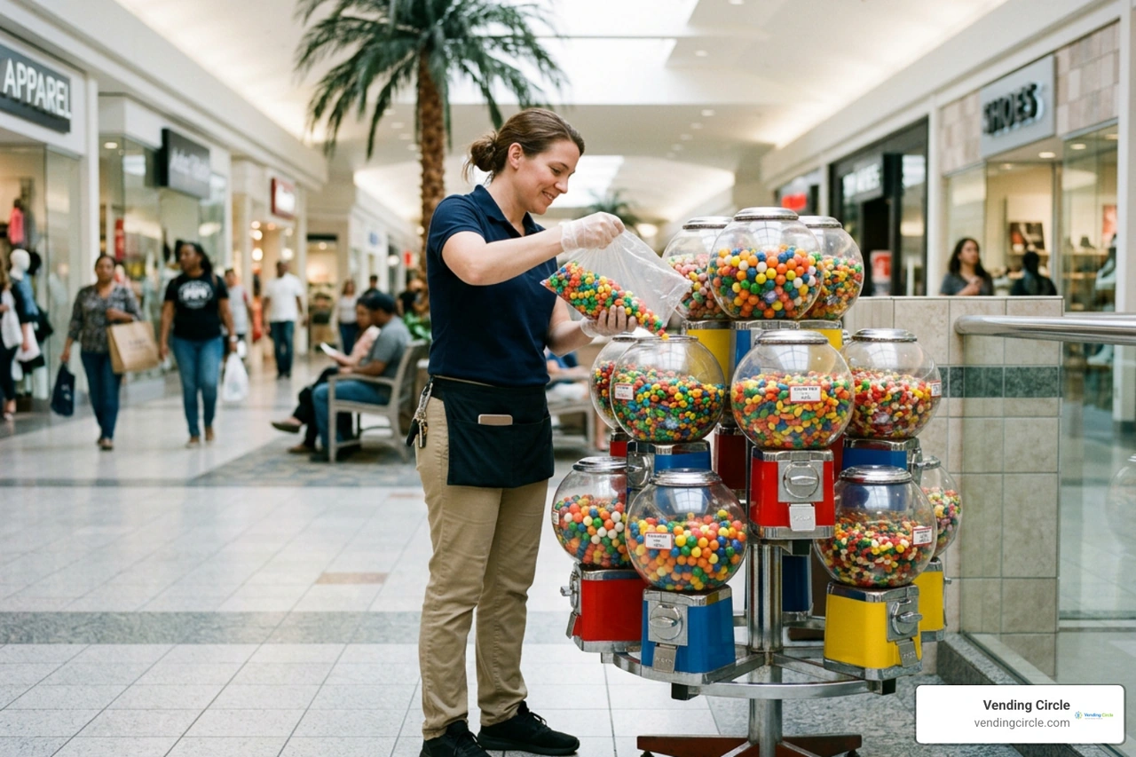 restocking bulk candy in a multi-head machine
