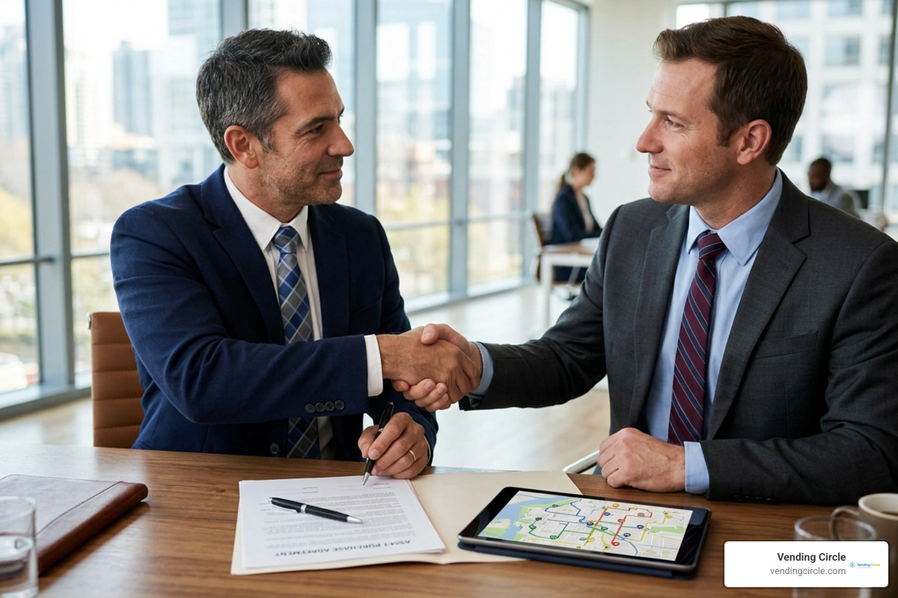 Business partners signing an asset purchase agreement for a vending route portfolio Business partners signing an asset purchase agreement for a vending route portfolio