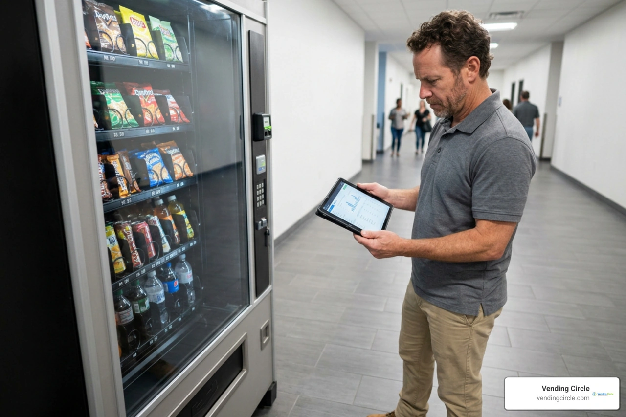 Operator reviewing telemetry sales logs on a tablet beside a smart vending machine Operator reviewing telemetry sales logs on a tablet beside a smart vending machine