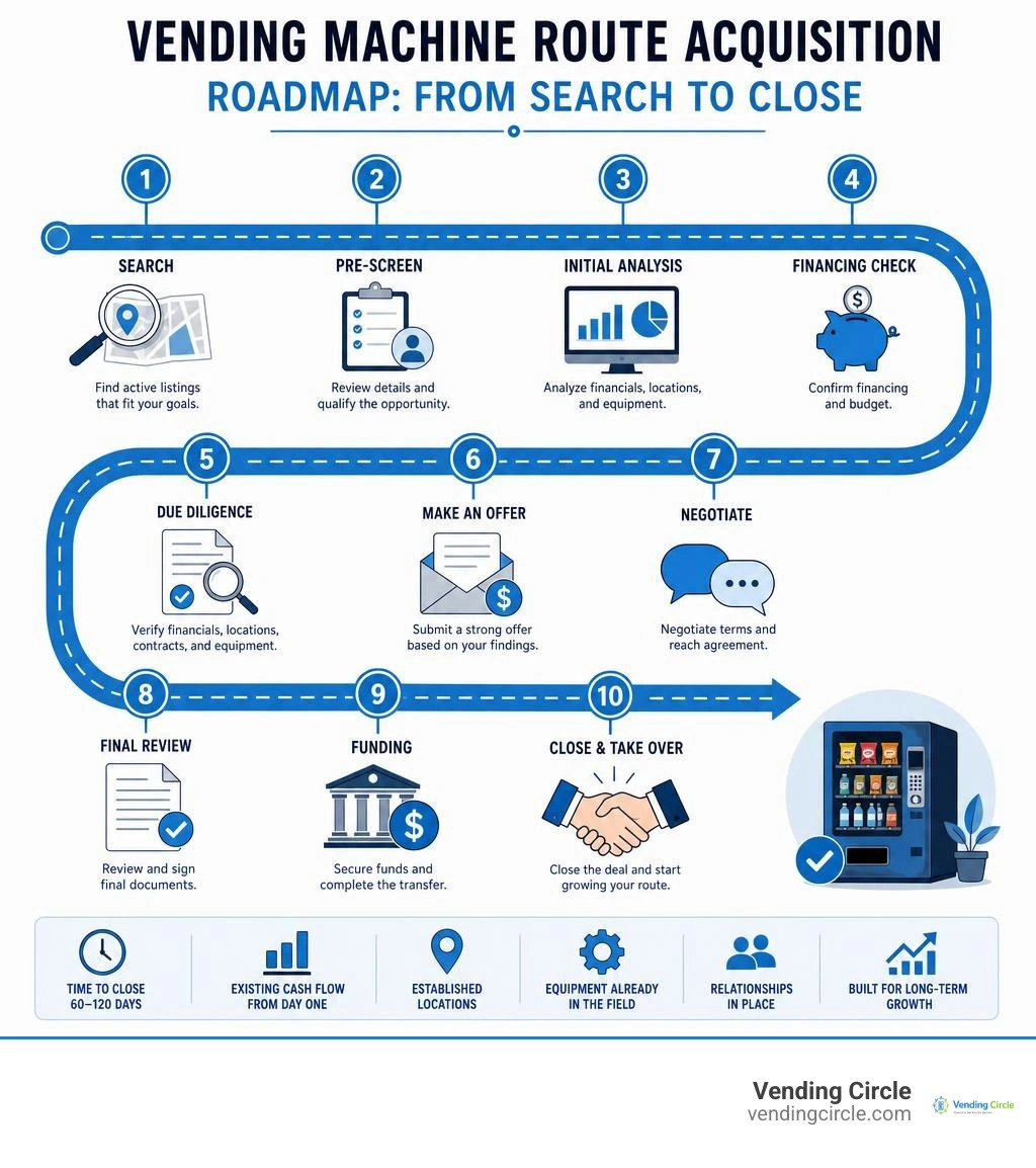Step-by-step vending machine route acquisition roadmap from search to close infographic Step-by-step vending machine route acquisition roadmap from search to close infographic