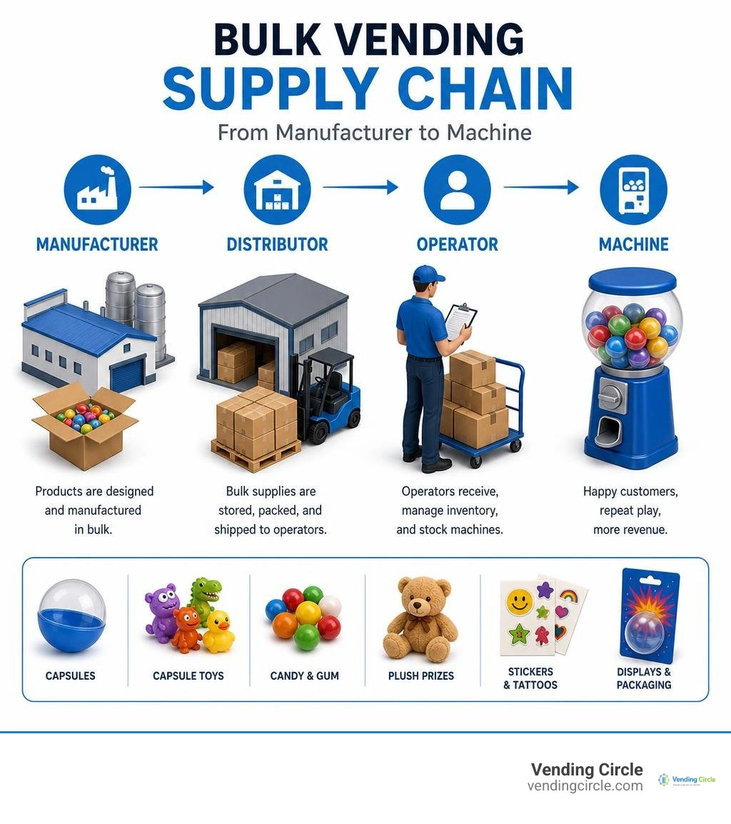 Bulk vending supply chain from manufacturer to distributor to operator to machine infographic Bulk vending supply chain from manufacturer to distributor to operator to machine infographic