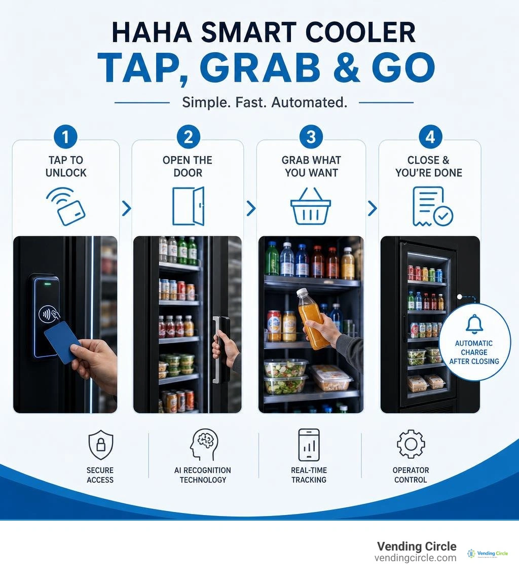Haha Smart Cooler customer tap grab and go process infographic