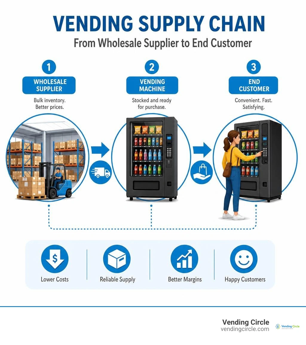 Vending supply chain infographic: from wholesale supplier to machine to end customer infographic Vending supply chain infographic: from wholesale supplier to machine to end customer infographic