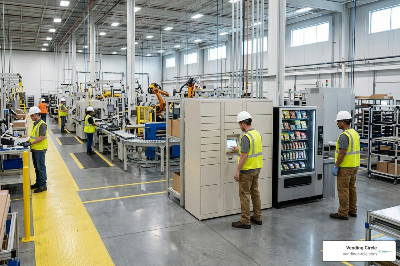 industrial plant floor with strategically placed vending units industrial plant floor with strategically placed vending units