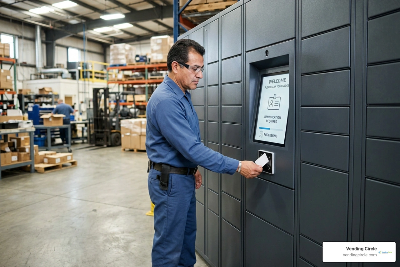 warehouse associate scanning RFID badge at smart locker warehouse associate scanning RFID badge at smart locker