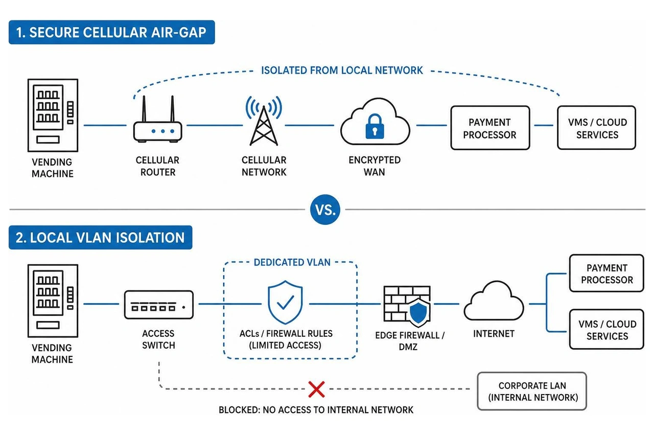Diagram illustrating network isolation via a secure cellular air-gap versus local VLAN isolation Diagram illustrating network isolation via a secure cellular air-gap versus local VLAN isolation