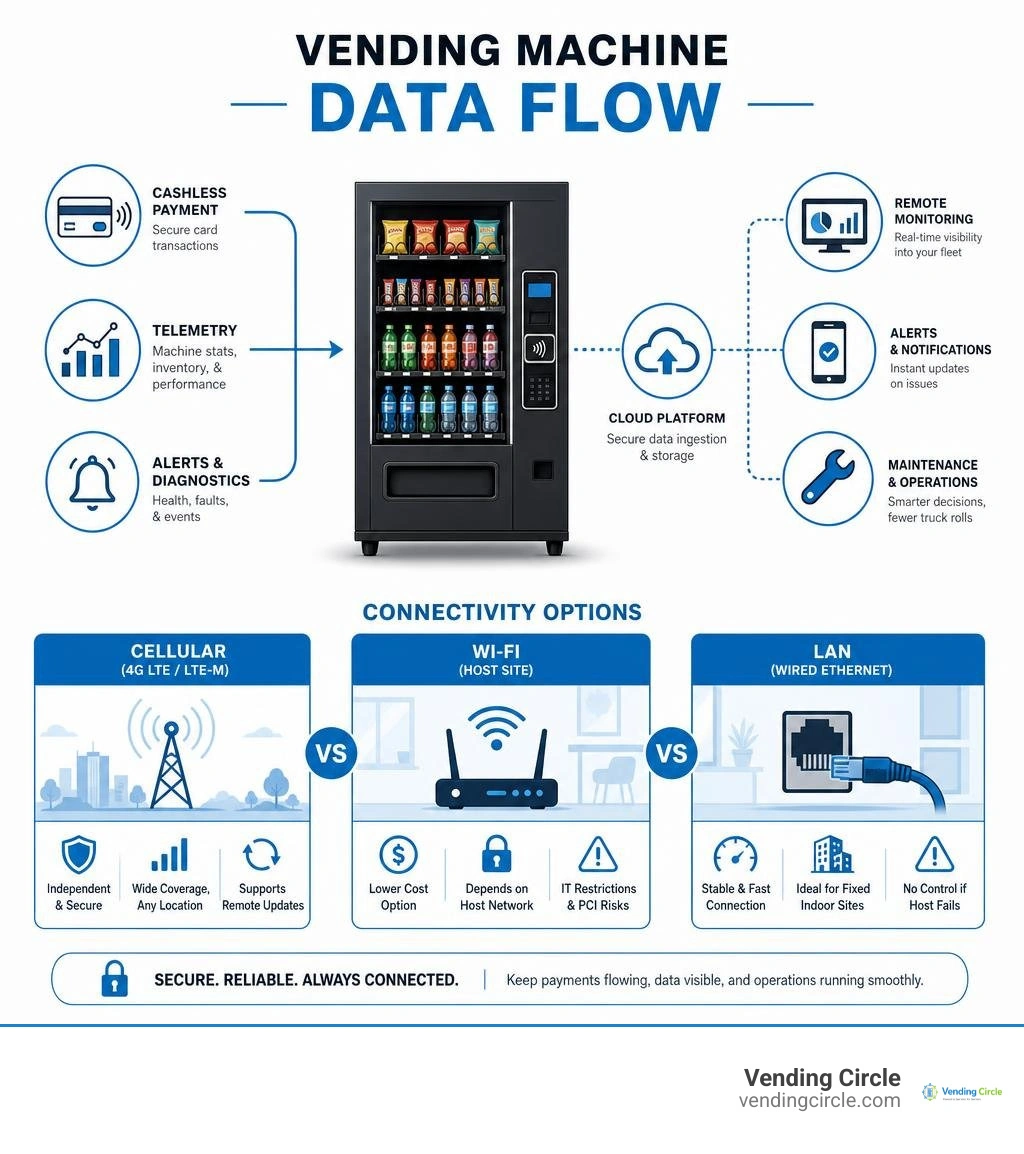 Infographic showing vending machine data flow: cashless payment, telemetry, and remote monitoring over cellular vs Wi-Fi vs Infographic showing vending machine data flow: cashless payment, telemetry, and remote monitoring over cellular vs Wi-Fi vs