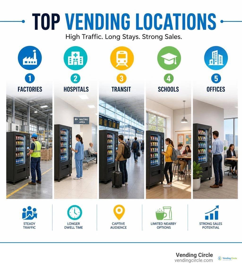 Top vending locations: factories, hospitals, transit, schools, and offices infographic Top vending locations: factories, hospitals, transit, schools, and offices infographic